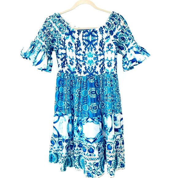 Antica Sartoria Dress Cover Up Blue & White Boho One Size Ruffle Sleeve - Picture 5 of 7